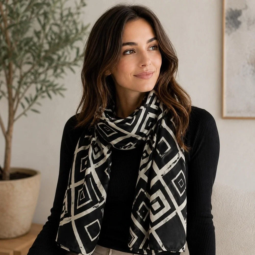 Anne Klein Geometric Diamond Silk‎ Scarf Wrap Black Cream Boho Chic Minimalist